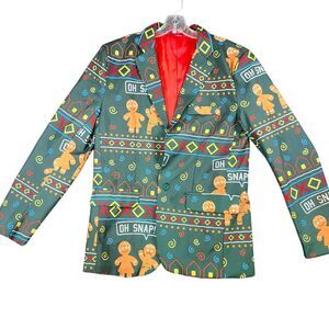 Festive Gingerbread Man Christmas Blazer Holiday Party Suit Jacket Men's Size‎ M